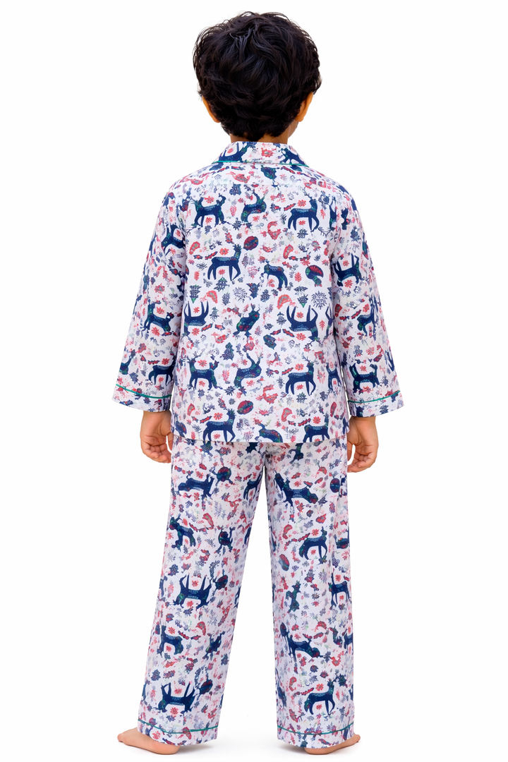 Reindeer Print Cotton Flannel Long Sleeve Kids Night Suit