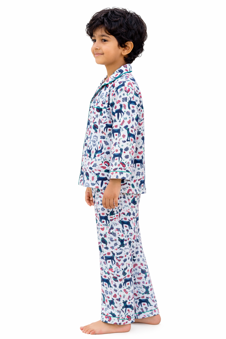 Reindeer Print Cotton Flannel Long Sleeve Kids Night Suit