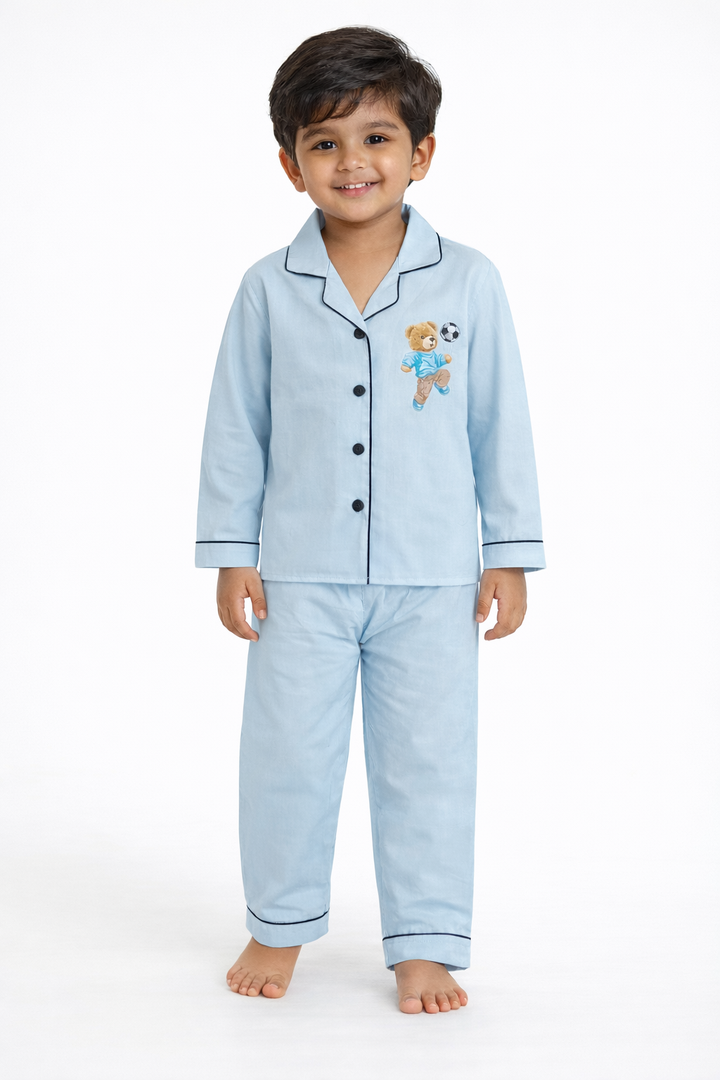 Football Teddy Print Long Sleeve Kids Night Suit