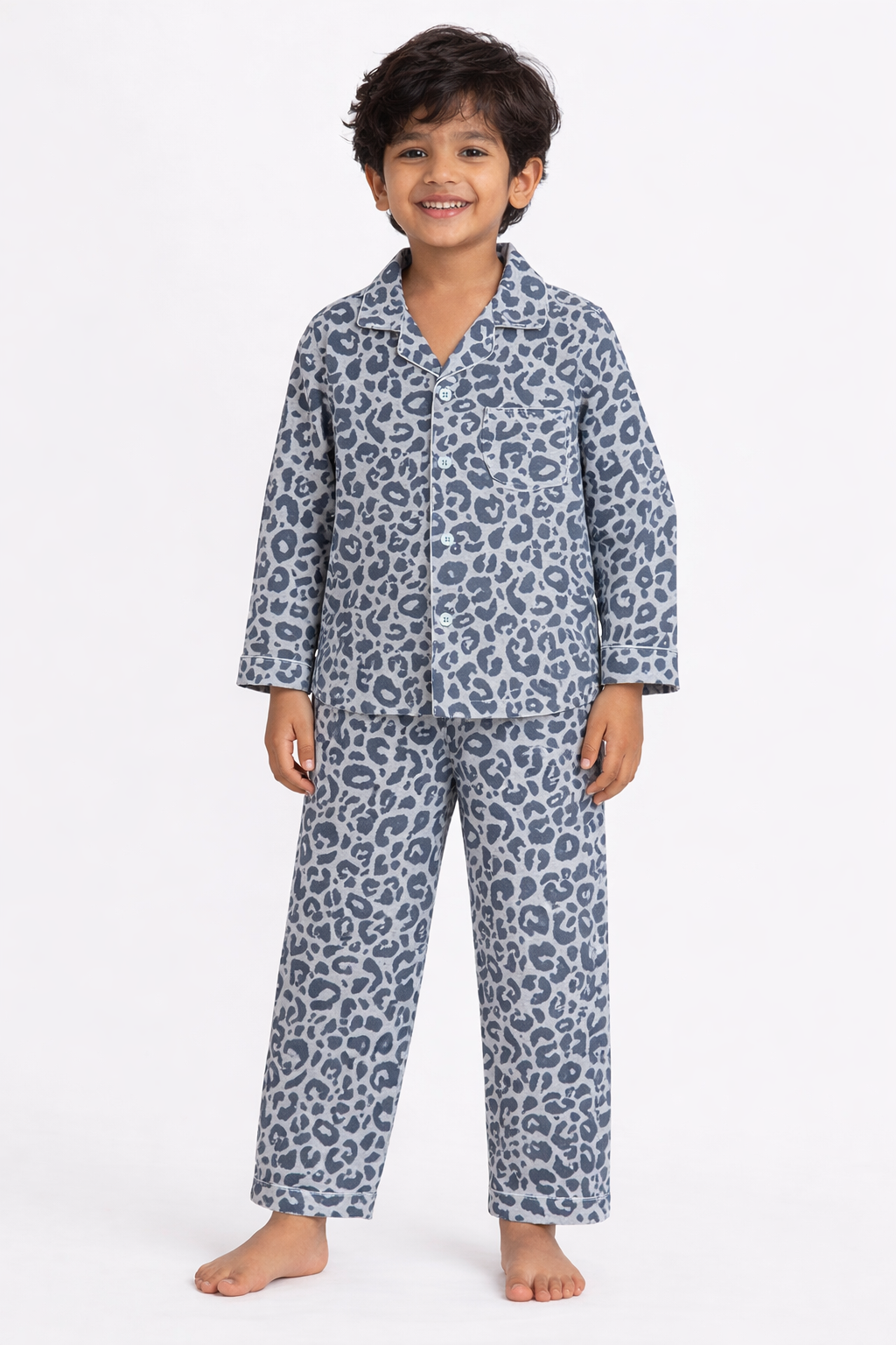 Grey Animal Print Cotton Flannel Long Sleeve Kids Night Suit