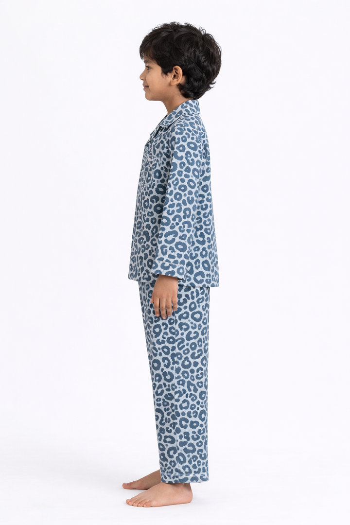 Grey Animal Print Cotton Flannel Long Sleeve Kids Night Suit