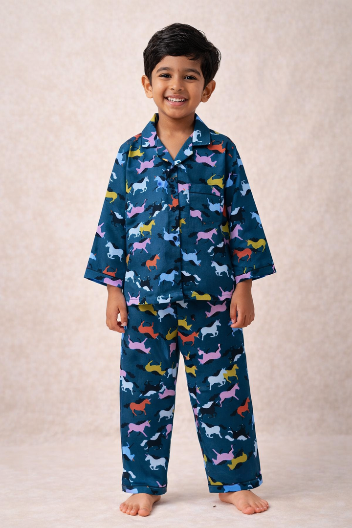 Mixed Unicorn Print Cotton Flannel Long Sleeve Kids Night Suit