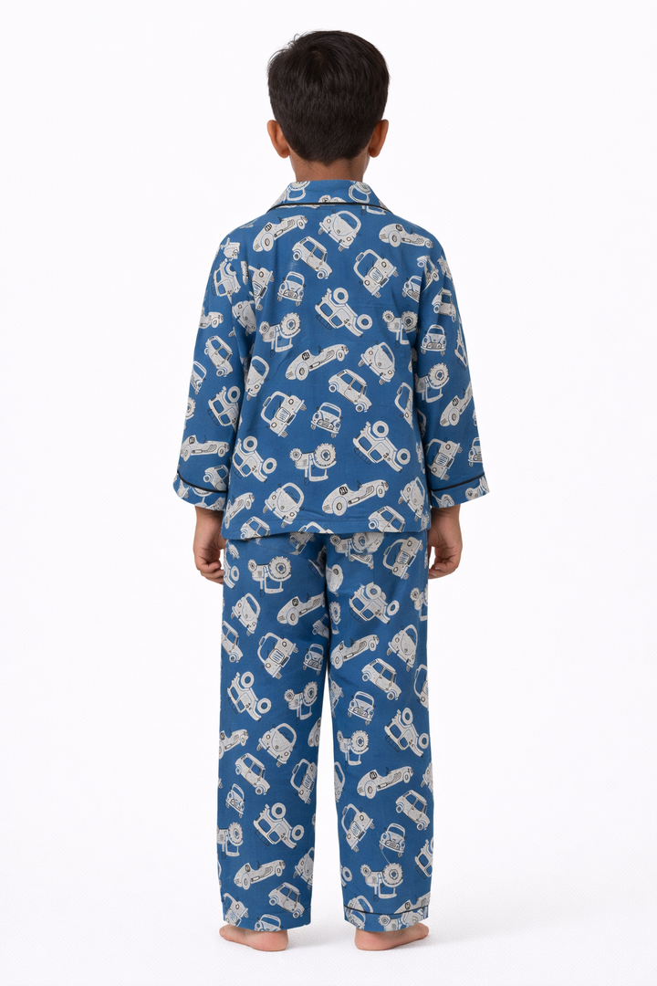 Car Print Cotton Flannel Long Sleeve Kids Night Suit