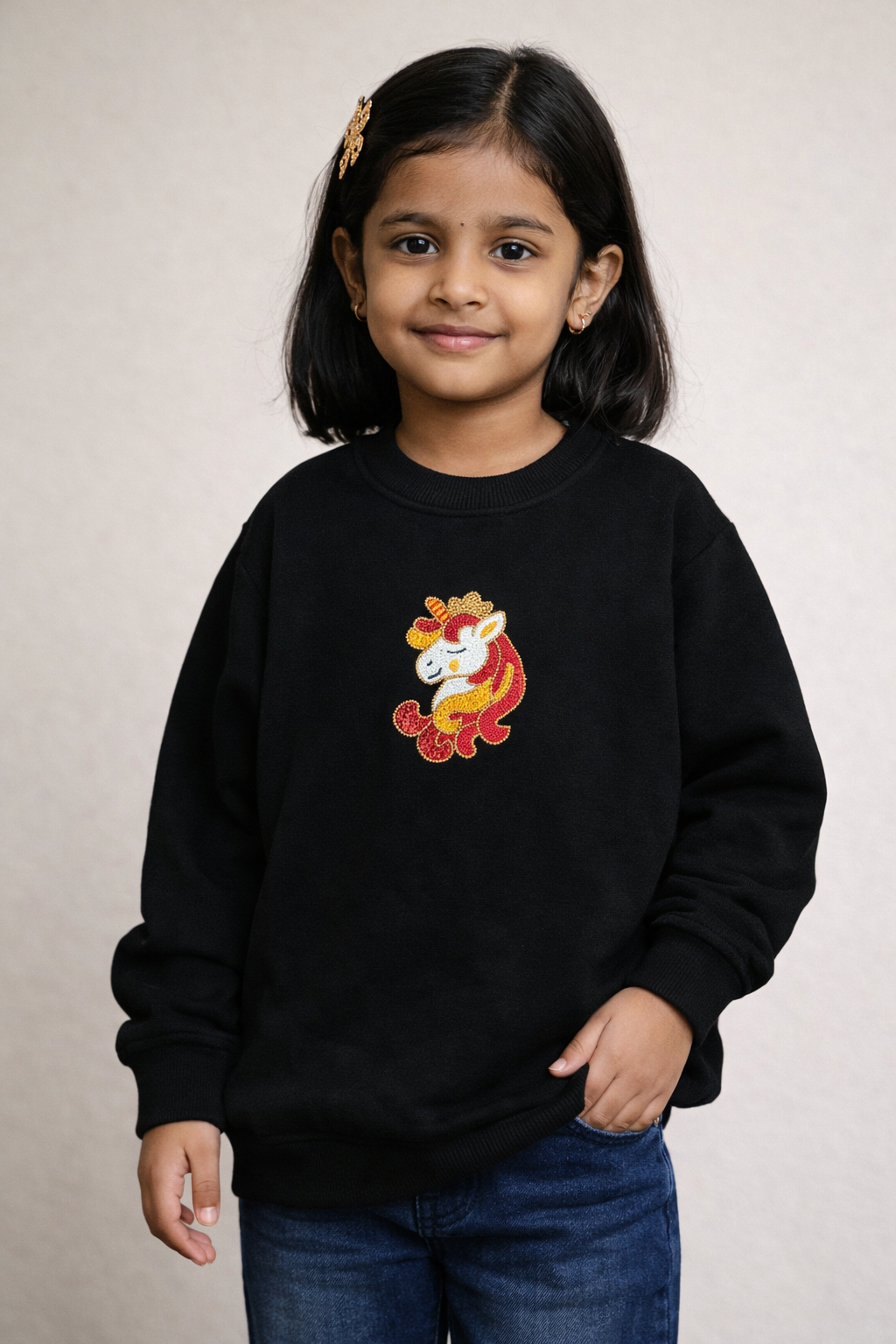 Hand Embellished Unicorn Warm Fleece Kids Sweatshirt (Black)
