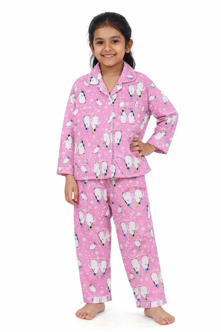 Bright Pink Penguin Cotton Flannel Long Sleeve Kids Night Suit