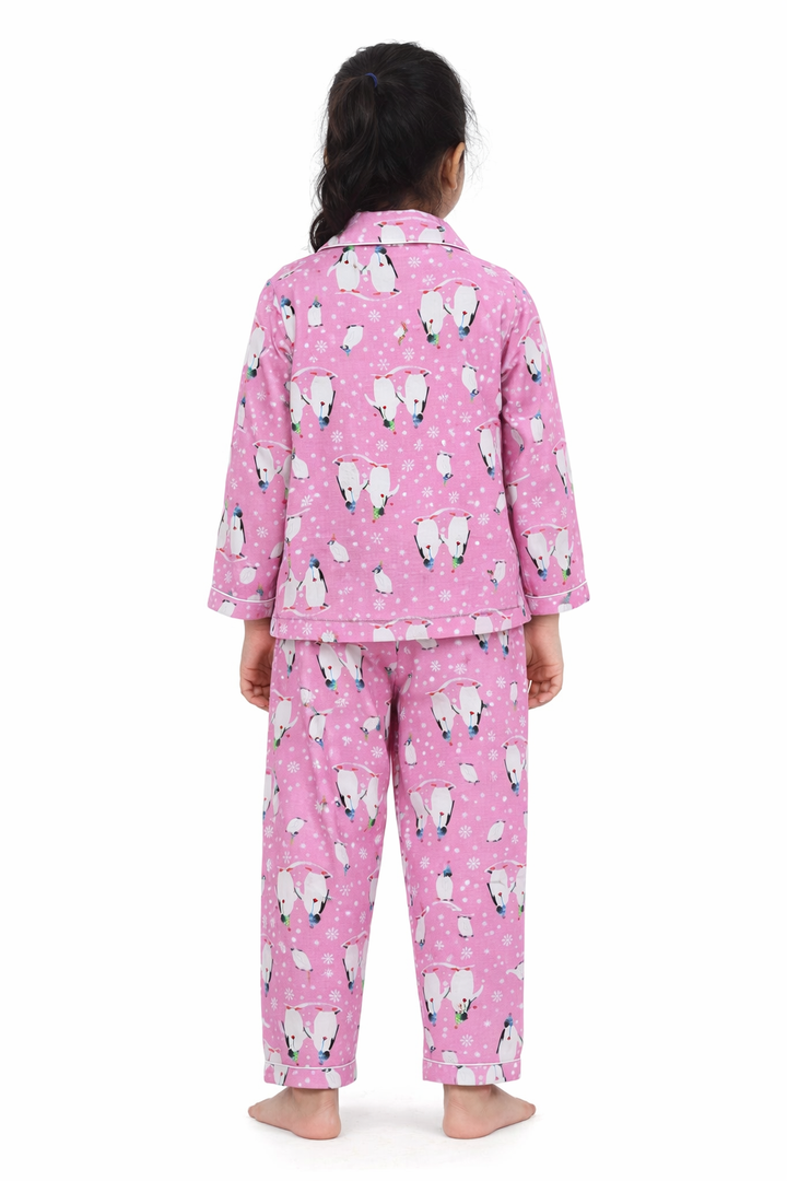Bright Pink Penguin Cotton Flannel Long Sleeve Kids Night Suit