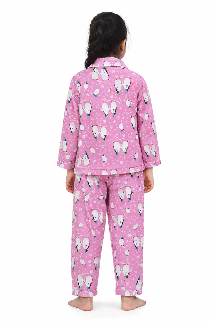 Bright Pink Penguin Cotton Flannel Long Sleeve Kids Night Suit