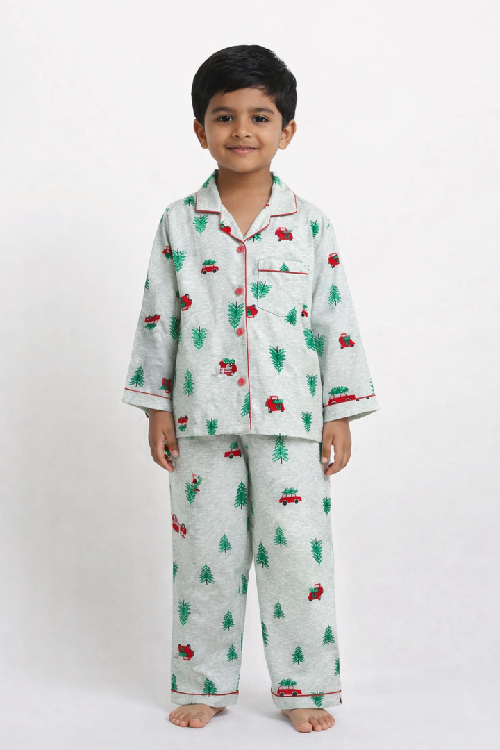 Car and Tree Print Cotton Flannel Long Sleeve Kids Night Suit