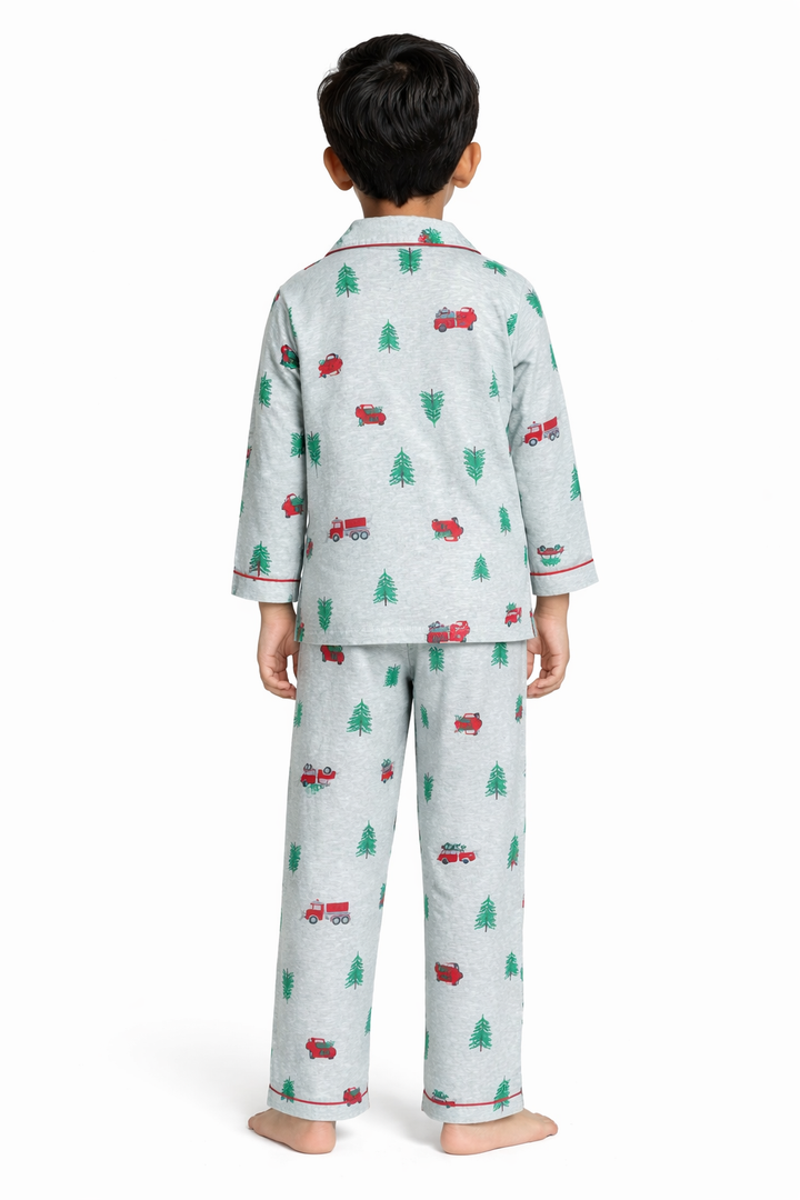 Car and Tree Print Cotton Flannel Long Sleeve Kids Night Suit