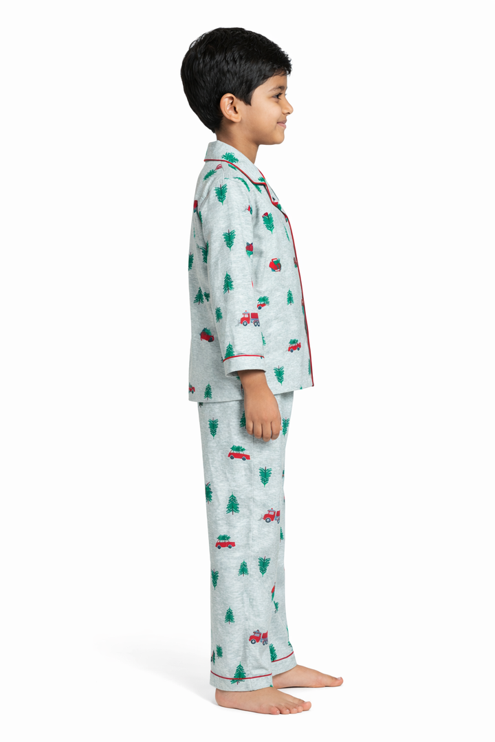 Car and Tree Print Cotton Flannel Long Sleeve Kids Night Suit
