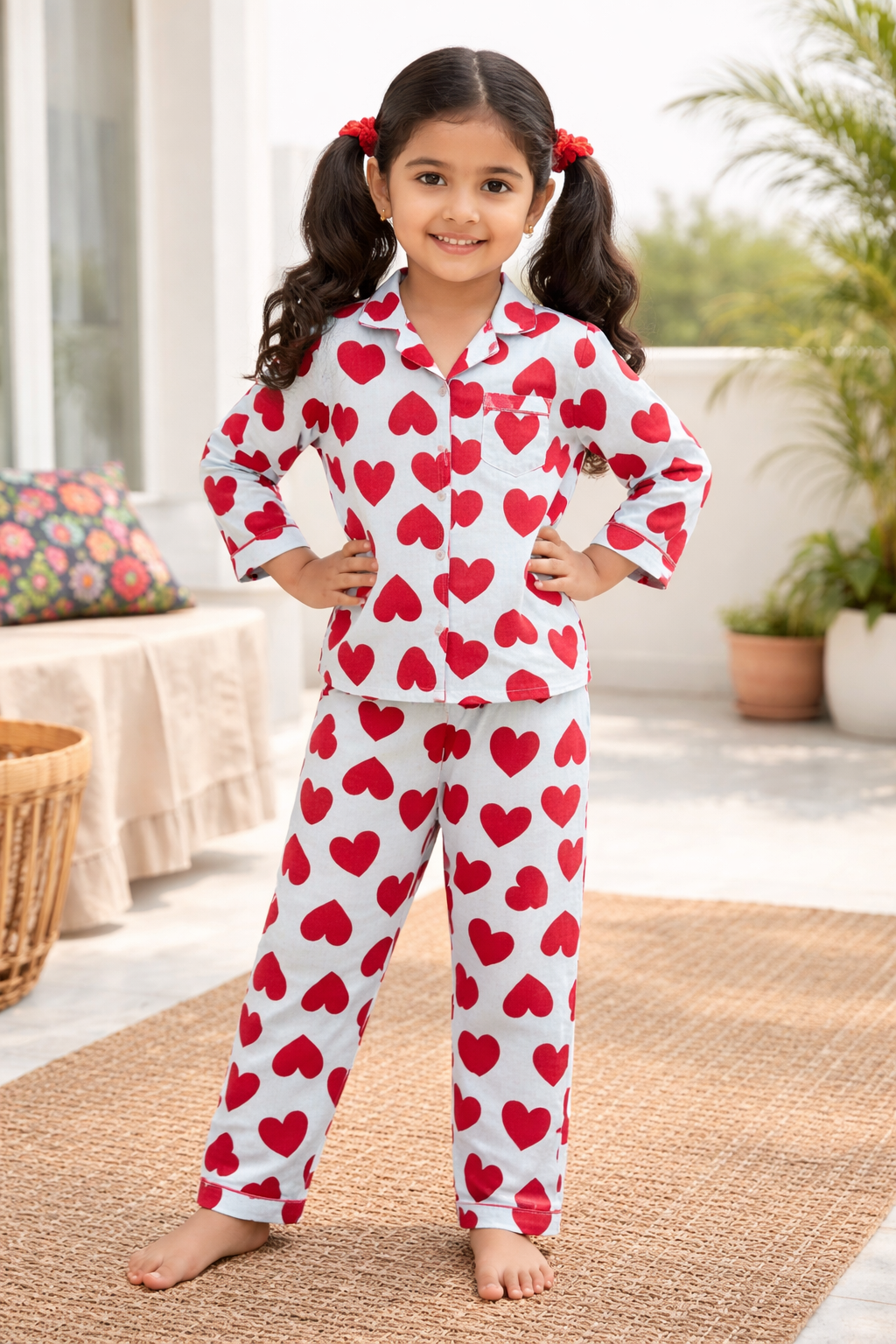 Red Hearts Print Cotton Flannel Long Sleeve Kids Night Suit