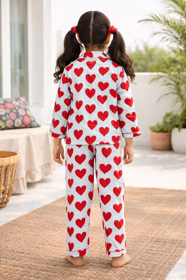 Red Hearts Print Cotton Flannel Long Sleeve Kids Night Suit