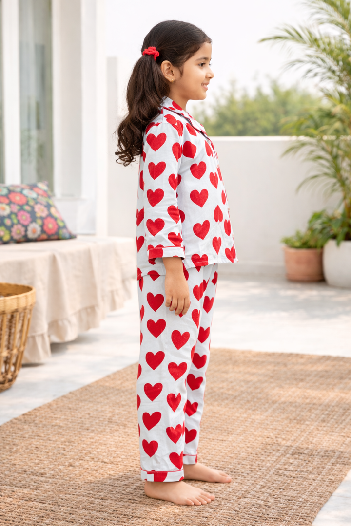 Red Hearts Print Cotton Flannel Long Sleeve Kids Night Suit