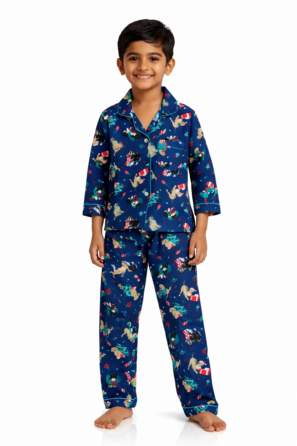 Festive Fur Friends Cotton Flannel Long Sleeve Kids Night Suit