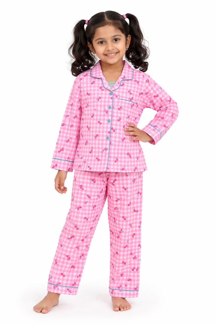 Pink Cherry and Checks Print Long Sleeve Kids Night Suit
