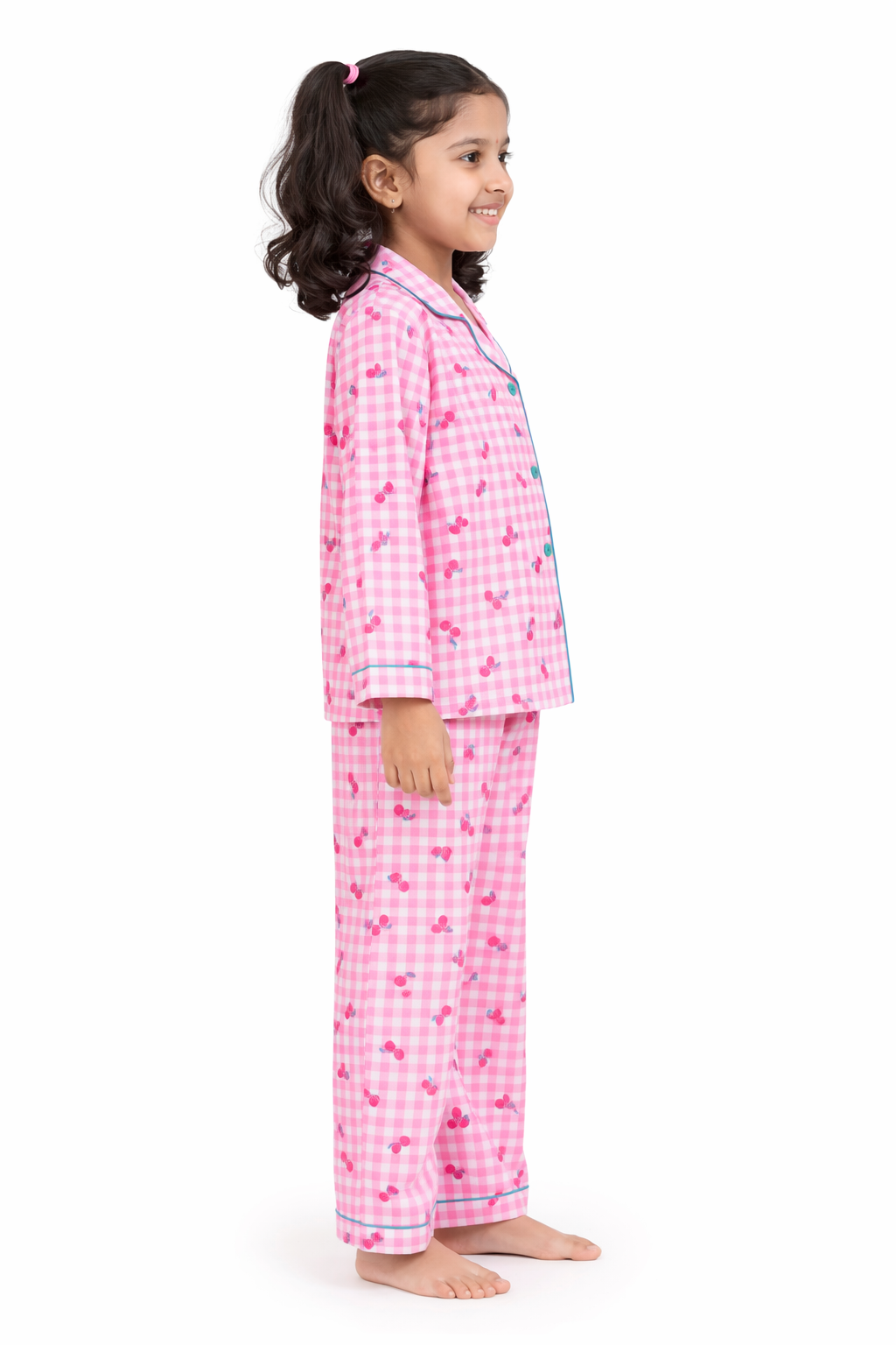 Pink Cherry and Checks Print Long Sleeve Kids Night Suit