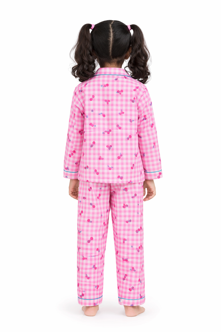 Pink Cherry and Checks Print Long Sleeve Kids Night Suit
