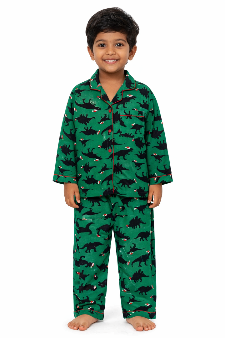 Green Dino Print Cotton Flannel Long Sleeve Kids Night Suit