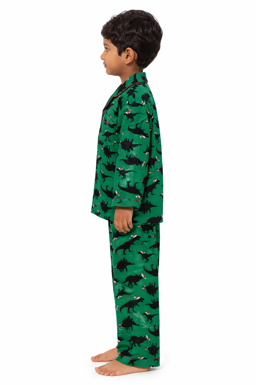 Green Dino Print Cotton Flannel Long Sleeve Kids Night Suit