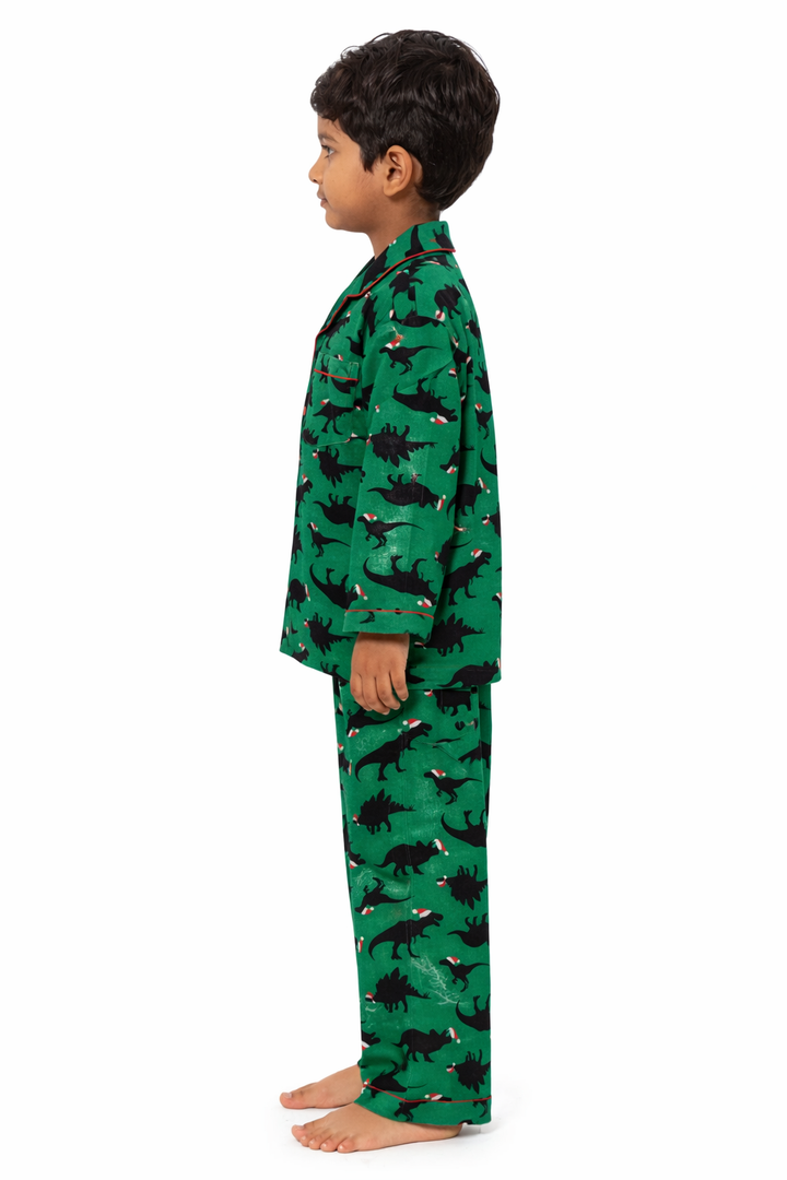 Green Dino Print Cotton Flannel Long Sleeve Kids Night Suit