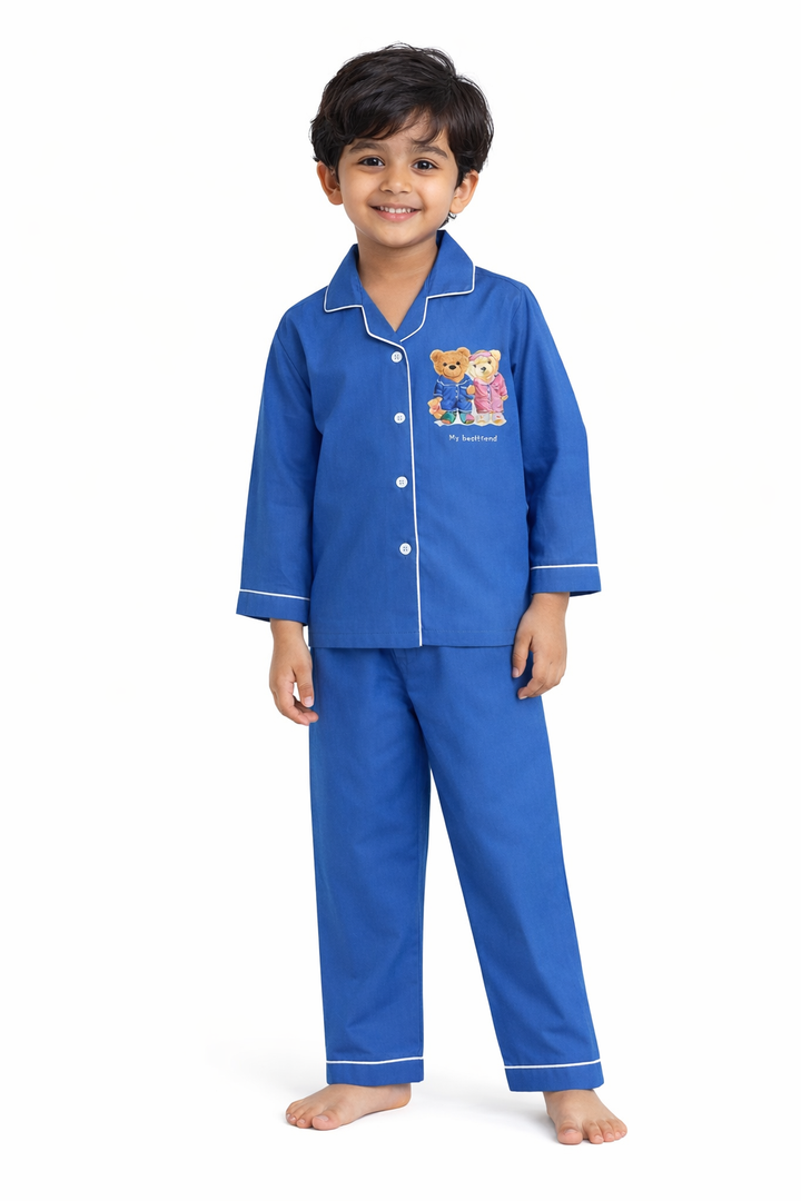 Its Bedtime Teddy Bright Blue Long Sleeve Kids Night Suit
