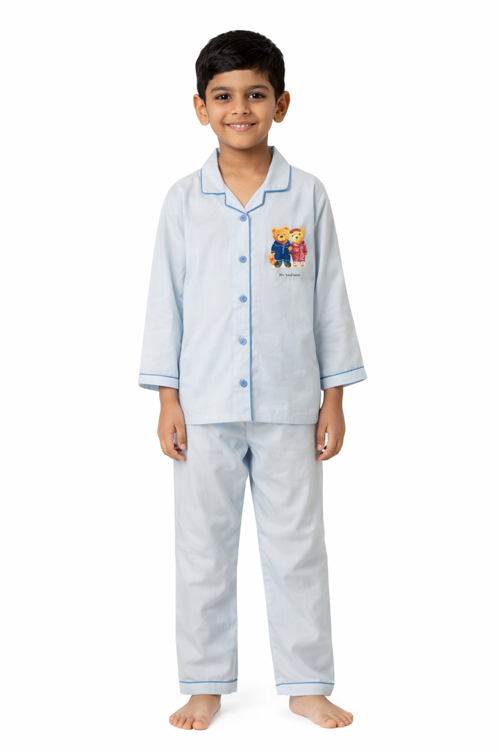Its Bedtime Teddy Sky Blue Long Sleeve Kids Night Suit