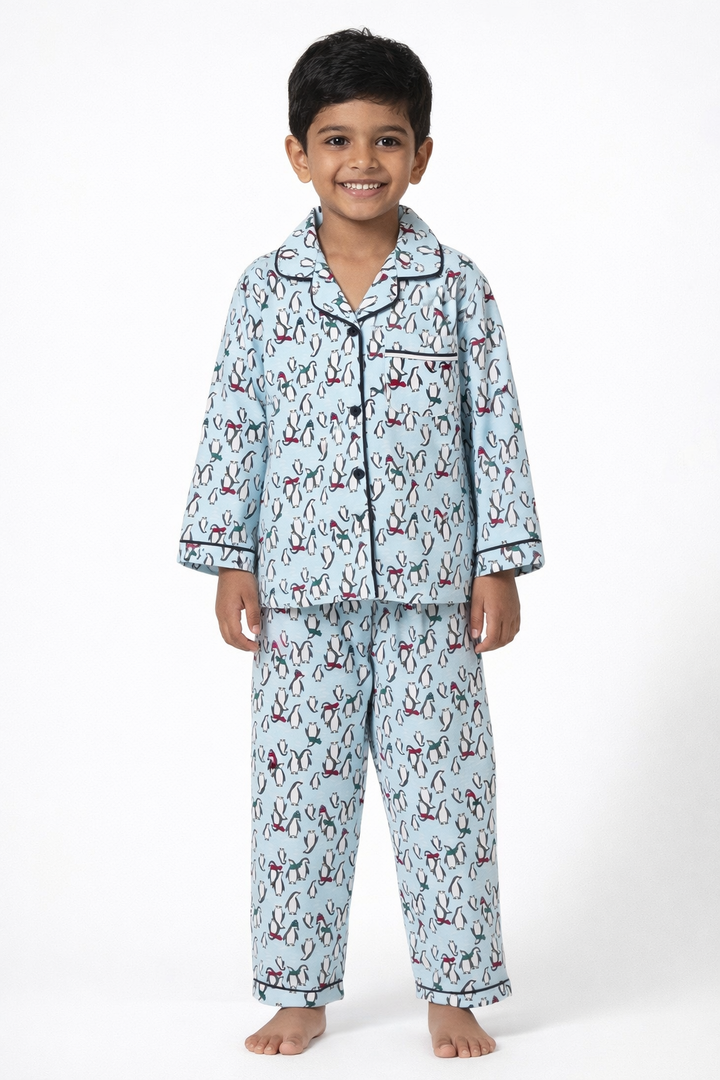 Frosty Penguin Cotton Flannel Long Sleeve Kids Night Suit