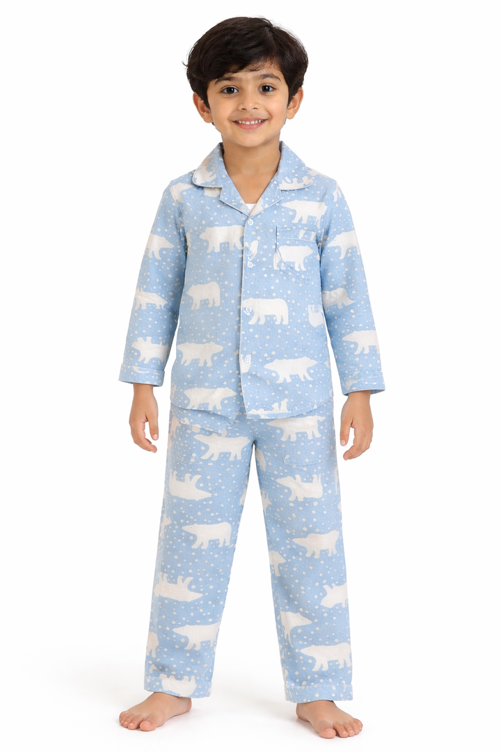 White Polar Bear Cotton Flannel Long Sleeve Kids Night Suit