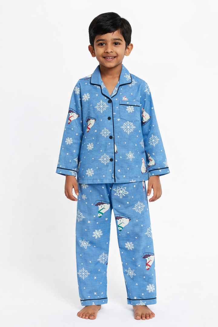 Snowy Bear Cotton Flannel Long Sleeve Kids Night Suit