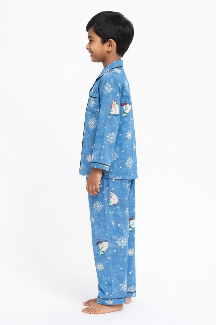 Snowy Bear Cotton Flannel Long Sleeve Kids Night Suit
