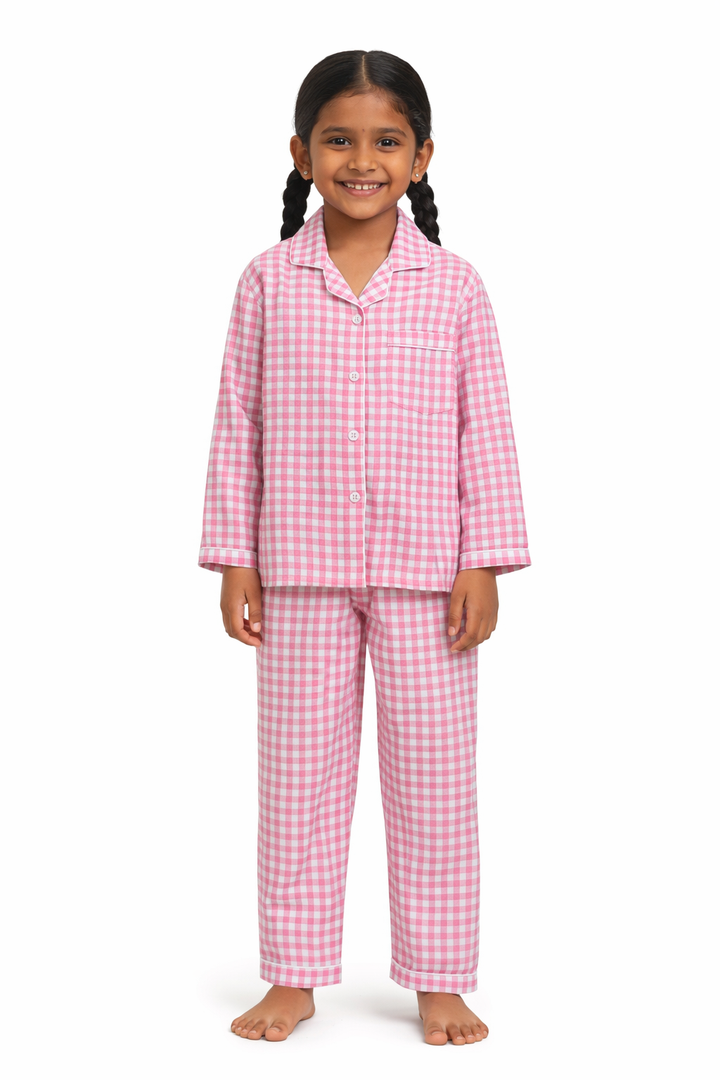 Pink Checkered Print Long Sleeve Kids Night Suit