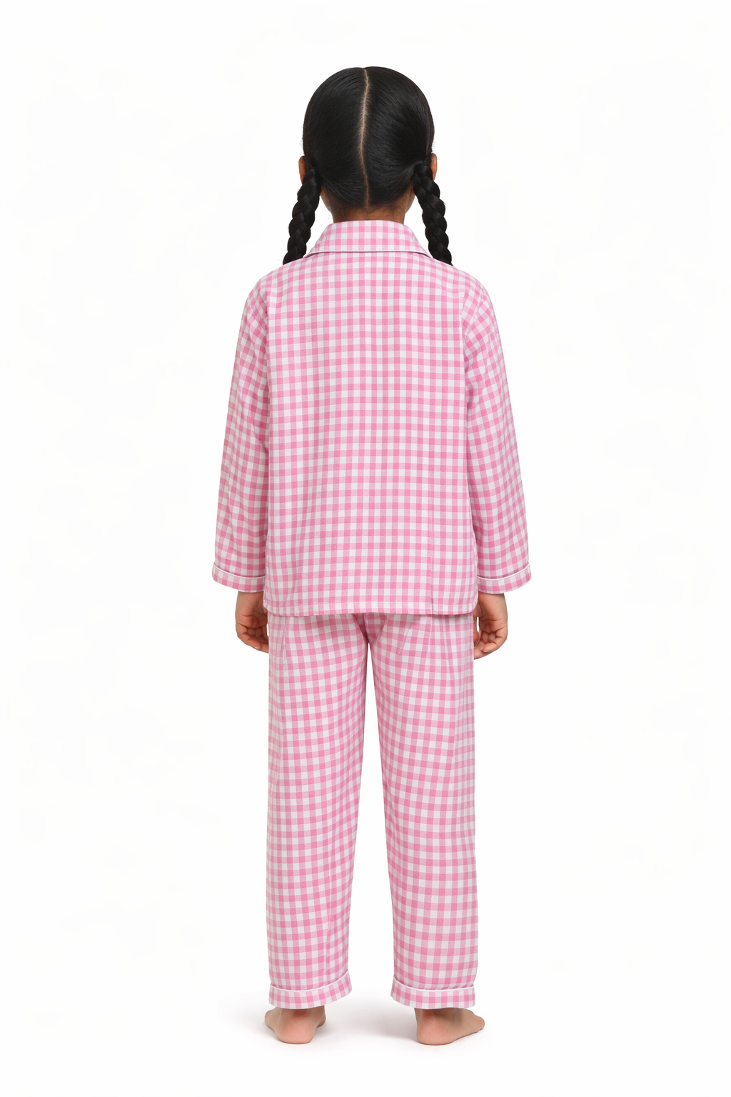 Pink Checkered Print Long Sleeve Kids Night Suit