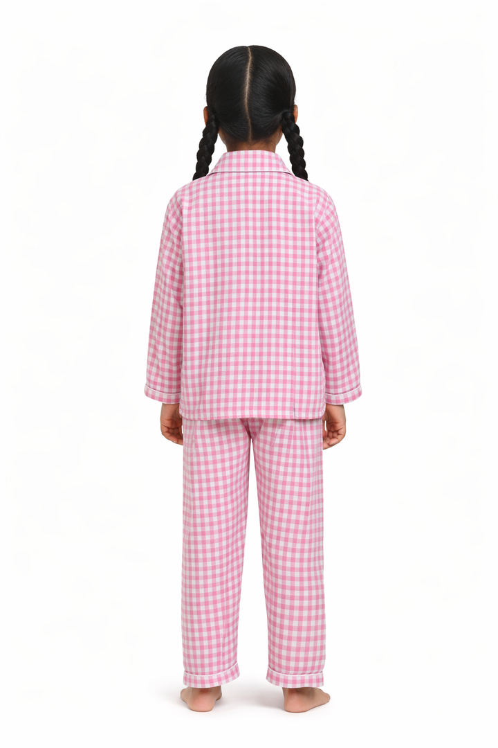 Pink Checkered Print Long Sleeve Kids Night Suit