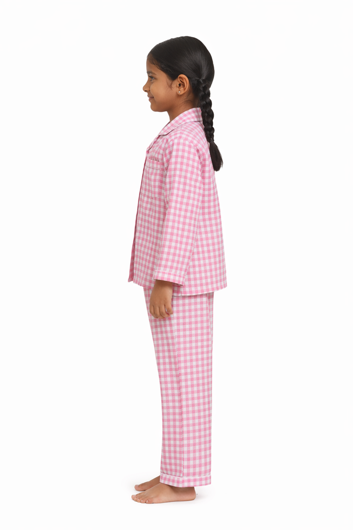Pink Checkered Print Long Sleeve Kids Night Suit