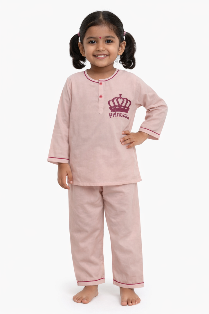 Princess Crown Glitter Print Round Neck Long Sleeve Kids Night Suit