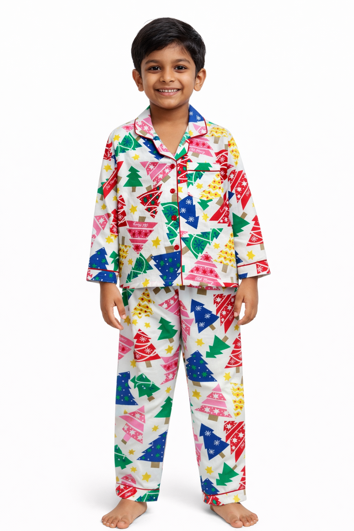 Christmas Pine Crew Cotton Flannel Long Sleeve Kids Night Suit