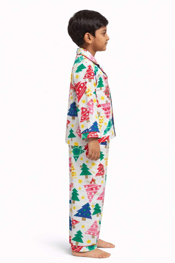 Christmas Pine Crew Cotton Flannel Long Sleeve Kids Night Suit