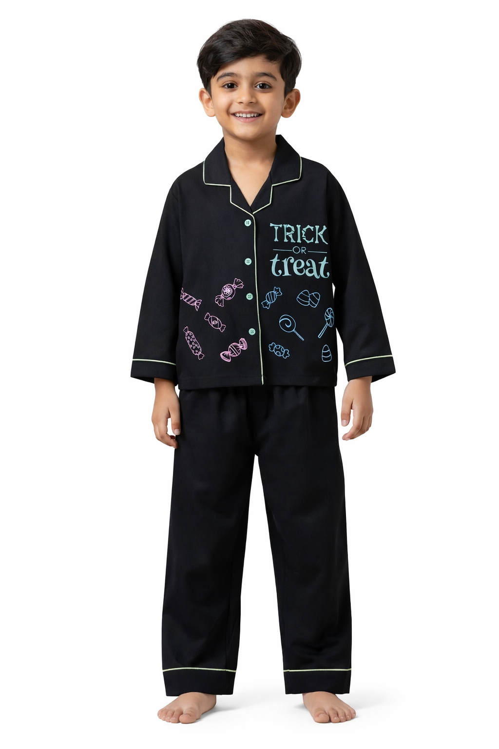 Trick or Treat Candies Glow in the Dark Print Long Sleeve Kids Night Suit
