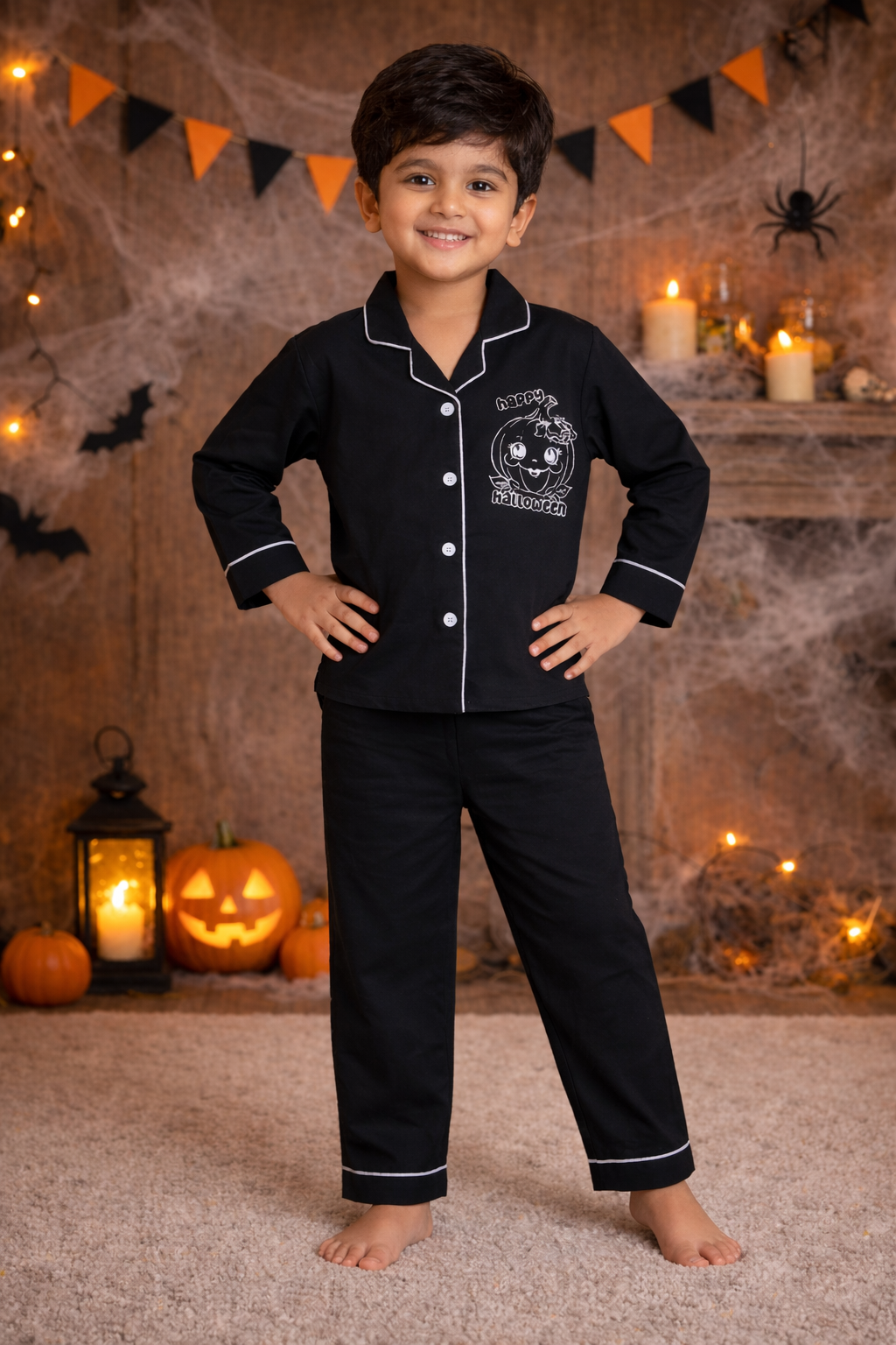 Happy Halloween Glow in the Dark Print Long Sleeve Kids Night Suit