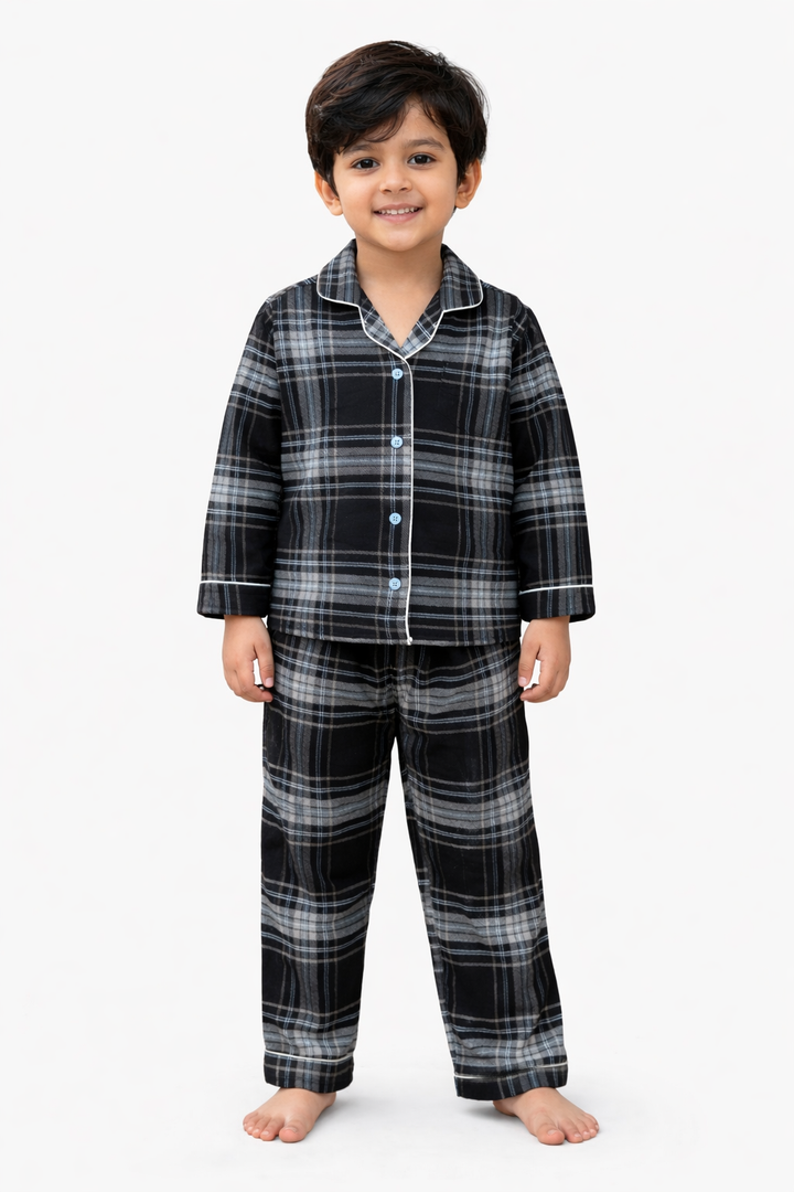 Black Checkered Cotton Flannel Long Sleeve Kids Night Suit
