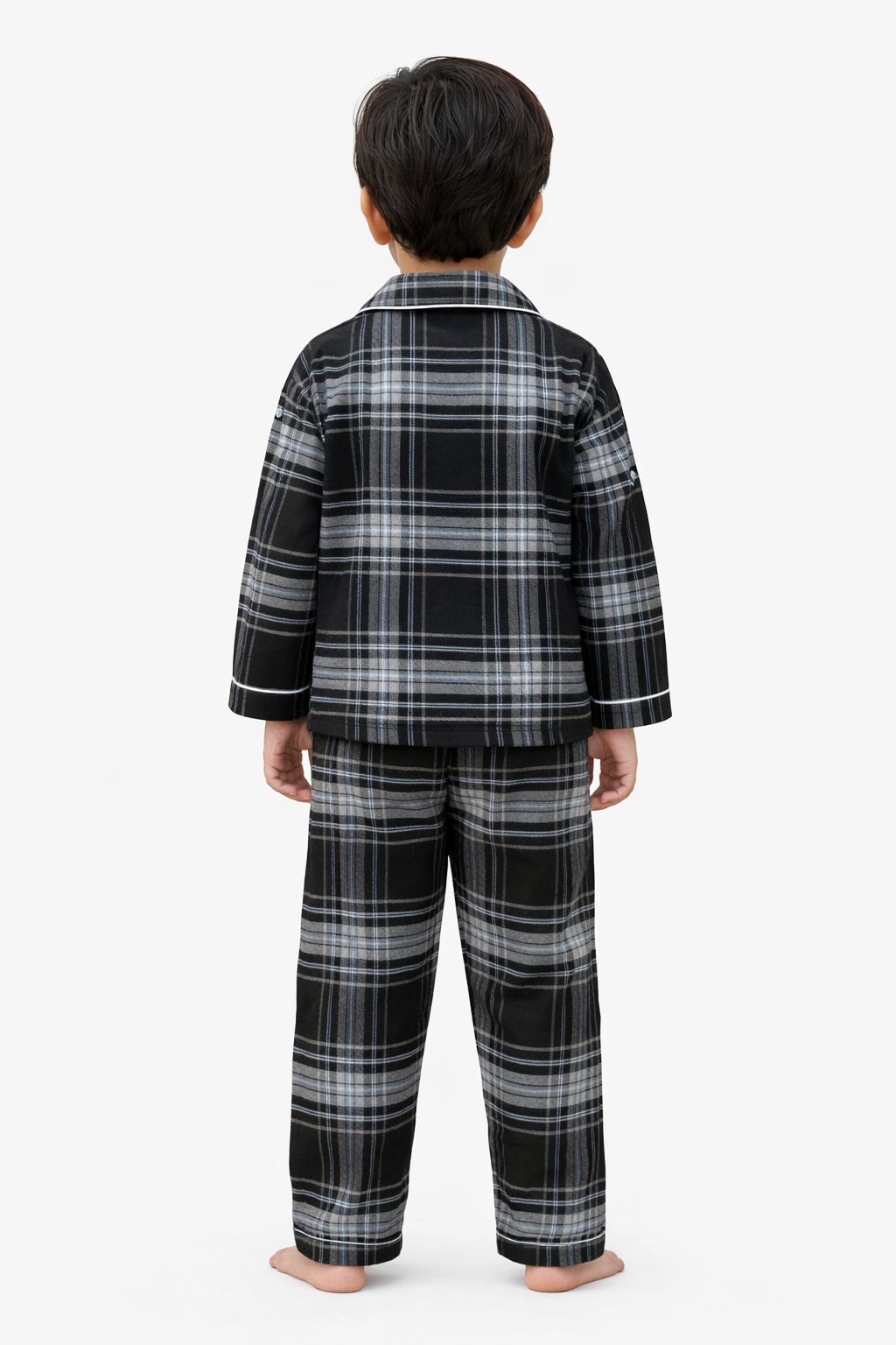 Black Checkered Cotton Flannel Long Sleeve Kids Night Suit