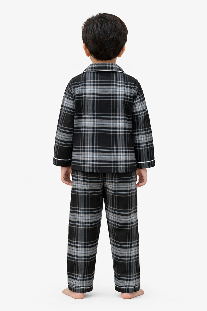 Black Checkered Cotton Flannel Long Sleeve Kids Night Suit