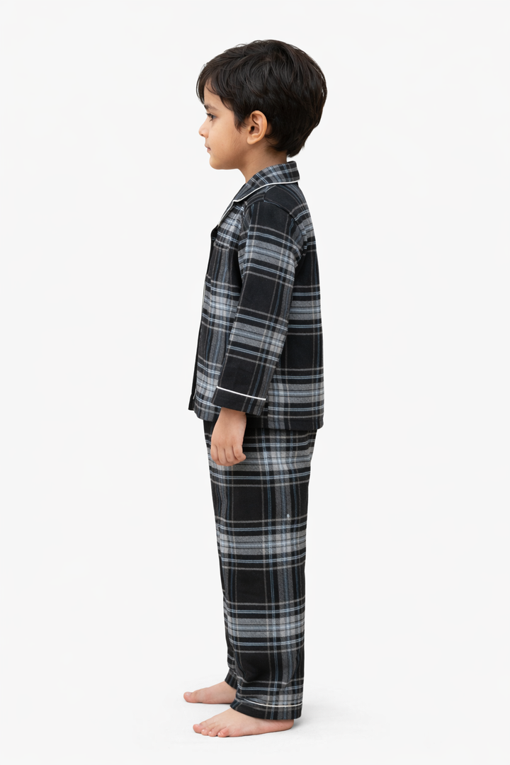 Black Checkered Cotton Flannel Long Sleeve Kids Night Suit