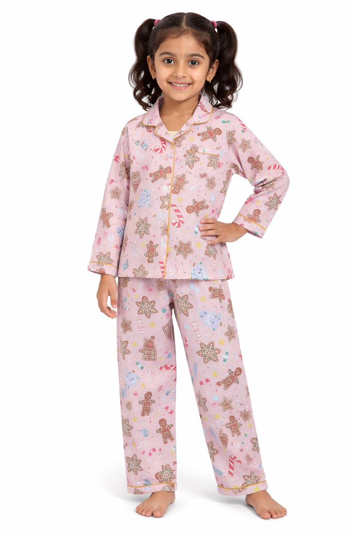 Pink Gingerbread Print Cotton Flannel Long Sleeve Kids Night Suit