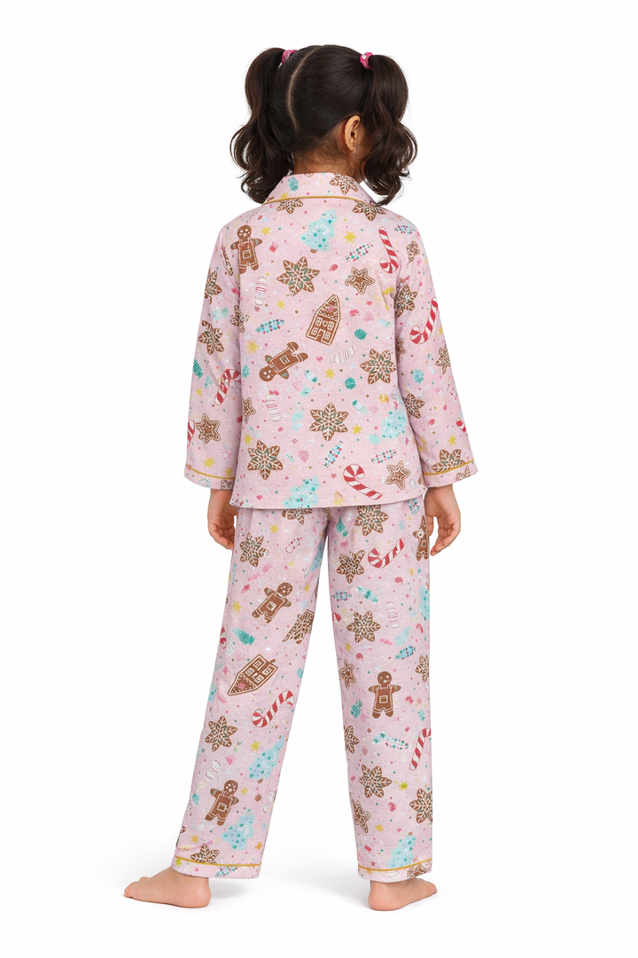 Pink Gingerbread Print Cotton Flannel Long Sleeve Kids Night Suit