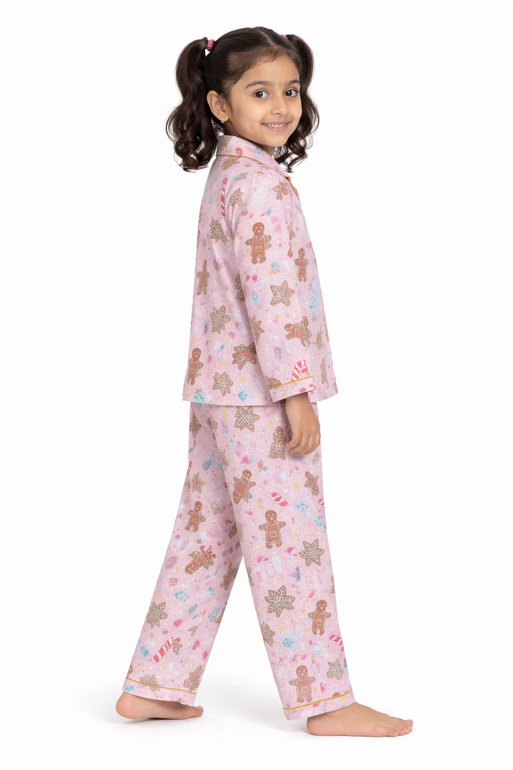 Pink Gingerbread Print Cotton Flannel Long Sleeve Kids Night Suit