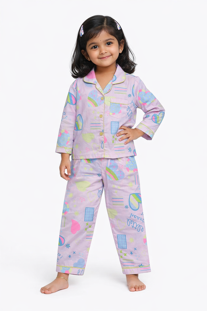 Pink Little Heart Long Sleeve Kids Night Suit