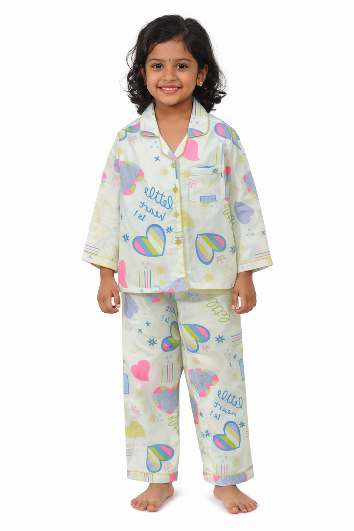 Little Heart Print Long Sleeve Kids Night Suit