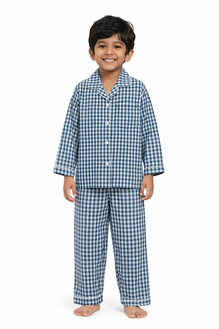 Blue Plaid Long Sleeve Kids Night Suit