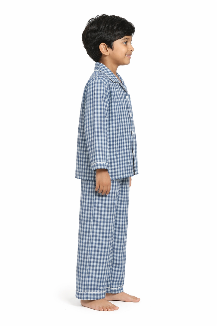 Blue Plaid Long Sleeve Kids Night Suit